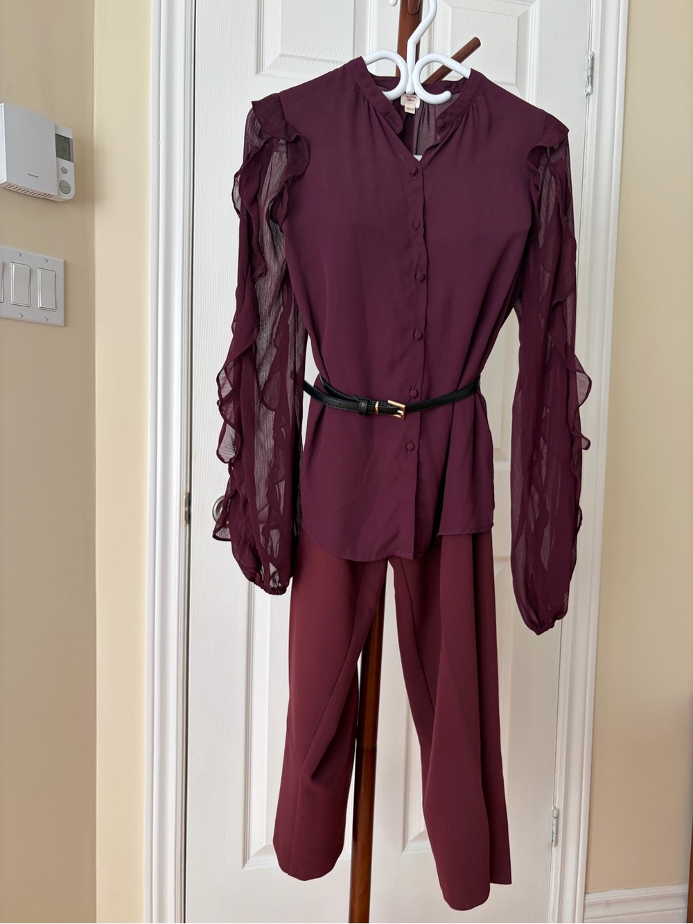 Women's Sheer Ruffle Sleeve Blouse and Pants Set - Burgundy